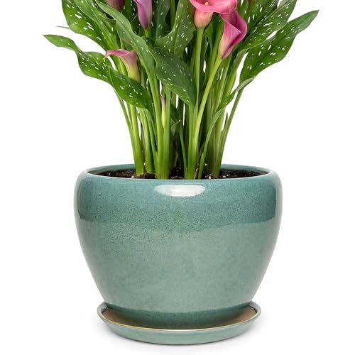 9.5 Inch Ceramic Plant Pot with Drainage Hole Mesh Net,Modern Gardening Pots for Indoor Plants with Saucer, Blue-Green - color: Blue-green, size: 9.5 Inch