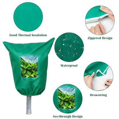 Plant Covers Freeze Protection - 4 Pack Winter Frost Tree Plant Shrub Cloth with Zipper Drawstring Transparent Pane, Frosts Blanket Wrap Bags for Outdoor Cold Weather (Green, 47''×31'')