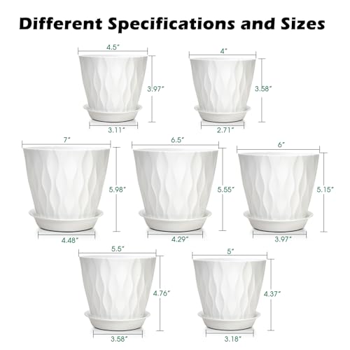 GARDIFE 7 Pack Plant Pots 4-7 inch with Drainage Holes and Tray, White - color: White