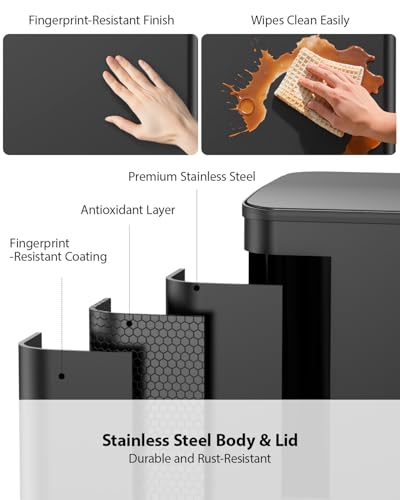 Lovewind Double Trash Can Kitchen, 13+5.5 Gallon Stainless Steel Dual Trash and Recycle Bin Combo with Silent Close Lid, Heavy-Duty Foot Pedal, Easy to Clean Garbage Can for Large Families, Black - color: Black, size: 13+5.5 Gallon
