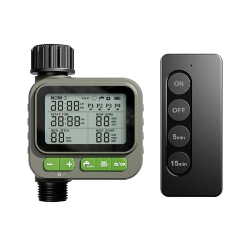 NexusLab Sprinkler Timer with Remote Control, 4-Program Automatic Hose Watering Controller for Garden, Lawn and Greenhouse, Rain Delay, Manual Watering, Child Lock, IP65 Outdoor Design