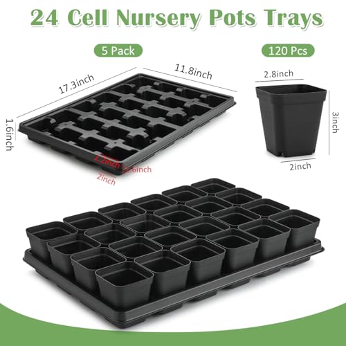 RooTrimmer 5 Pack 24 Cell Nursery Pots Trays with 2.8 inch (7CM) Square Nursery Pots 120pcs (Black), Plastic Seed Starter Tray with Drain Holes for Carrying and Holding Plant Pot(17"x11"x1.6") - color: Black, size: Pots 120 Pcs with 5 Pack Trays