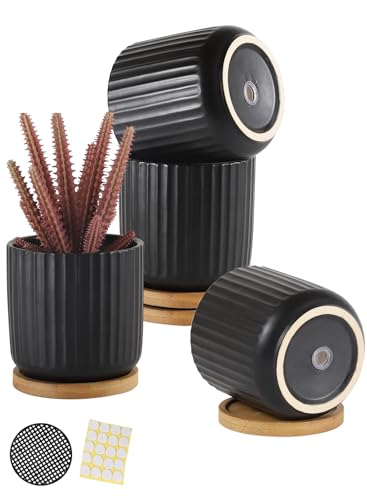 4 Inch Ceramic Plant Pots, Small Succulent Pot with Drainage Hole & Saucer - color: Stripe Pure Black