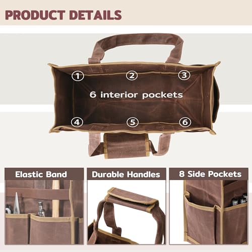 Tool Bag, Heavy Duty 16oz Waxed Canvas Water-Resistant Tool Pouches, Tool Tote with Handle for Tools, Wrenches, Screwdrivers (16.5 X 7 X 12 inch) | Brown - color: Brown