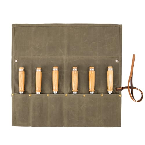 Chisel Roll, 6 Pockets Roll Up Tool Pouch, Waxed Canvas Small Tool Roll - color: Coffee