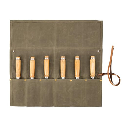 Chisel Roll, 6 Pockets Roll Up Tool Pouch, Waxed Canvas Small Tool Roll - color: Coffee