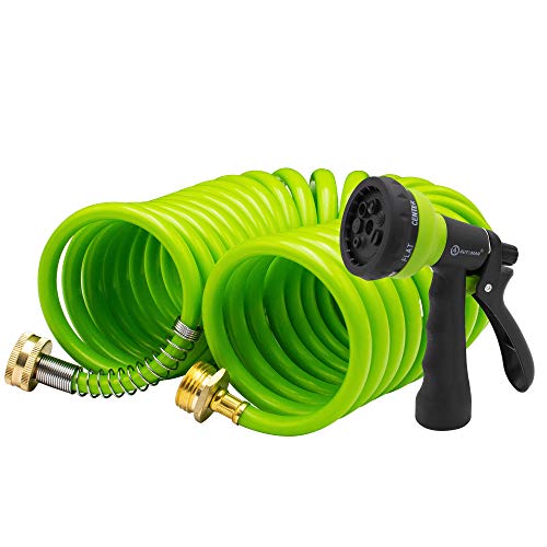 AUTOMAN EVA Recoil Garden Hose 25ft - Includes 7 Pattern Spray Nozzle,Curly Water Hose 25 Foot,Watering Hose Coil,Retractable,Corrosion Resistant Garden Coil Hose.Green - color: Green, size: 25 ft