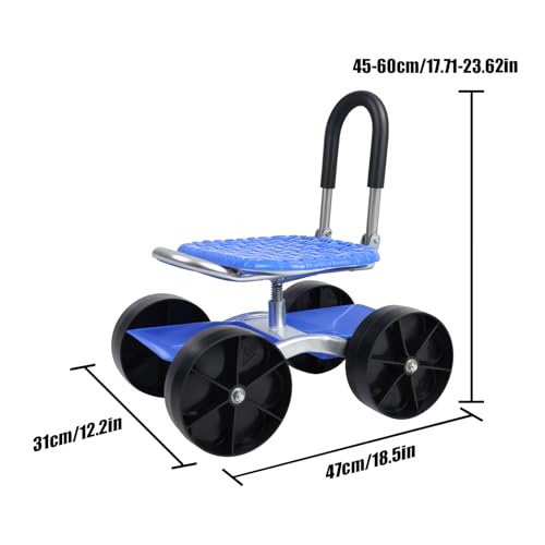 Cuteam Rolling Garden Seat, Utility Garden Stool with Flat Wheels, Foldable Lazy Seat Stool, Picking Rotary Tool Cart with Storage Shelf, Adjustable Height (Blue)