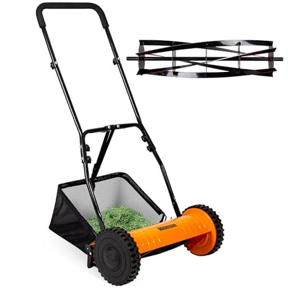 Walensee 16-Inch 5-Blade Push Reel Lawn Mower, Cordless Manual Reel Lawn Mower Walk-Behind Steel Lawn Mowers with Removable 7.9-Gallon Grass Catcher, Sponge Grip, 4-Position Cutting Height Adjustment - size: 16-Inch With Catcher