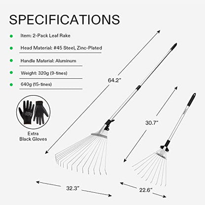 VIVOSUN 2-Piece Leaf Rake Set - Adjustable Garden/Camping Rake with 15/9 Tines, Collapsing Tines & Telescopic Handle (64'' & 30'') - style: 64'' & 30'' Leaf Rake Set