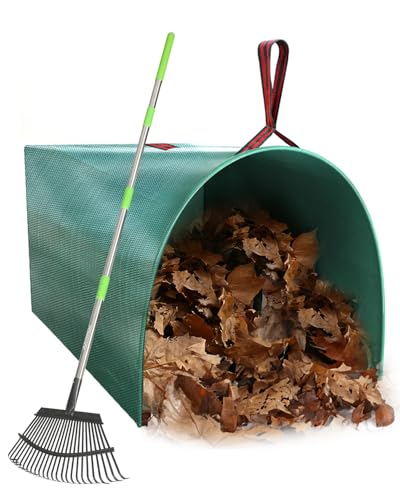 65 Inch 25 Tines Metal Leaf Rake Set with 40 Gal Dustpan-Type Bags - style: Green Dustpan