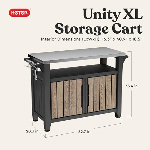 Keter Unity XL Outdoor Entertainment Cart with Wood‑Look Finish, 78‑Gallon Patio Storage Cabinet, Food Prep Station, Stainless‑Steel Top for BBQ, Grill, Patio, Deck & Backyard, Ashwood - color: Ashwood