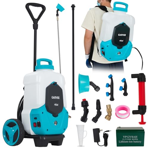 Garvee 4 Gallons Battery Powered Backpack Sprayer with Wheeled Cart, 12V 8Ah Electric Sprayer with 6 Nozzles & 2 Wands, 4-6 Hour Runtime, 90PSI Adjustable Pressure, Trigger Lock, Yard Sprayers - size: 4.2 Gal
