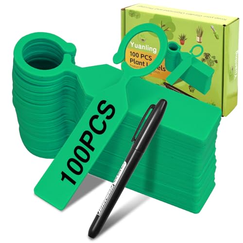 Plant Labels Yuanling 100Pcs Plastic Waterproof Plant Tree Tags Nursery Garden Markers for Indoor Outdoor Gardening Plants Vegetables Flowers Potted (Green Color with 1 Marker Pen) - color: Green