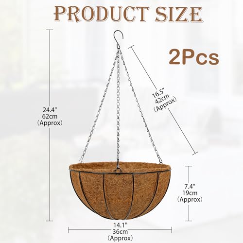14 Inch Metal Hanging Basket with Coco Coir Liner for Flowers Planting - size: 14" & 2 Pcs