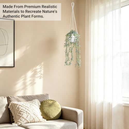 Mkono Fake Hanging Plant, Macrame Plant Hanger with Eucalyptus Vines & Pot