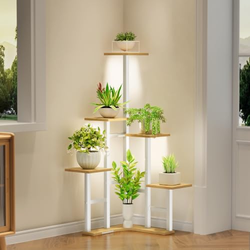 Corner Plant Stand Indoor with Grow Lights 6 Tiered Corner Plant Shelf - color: White Oak(with Lights), size: 6 Tier-Square