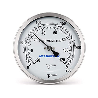 MEASUREMAN Fully Stainless Steel Pot, Kettle, Brewing Bimetal Dial Thermometer, 3" Dial, 6" Stem, 0-250 deg F/-20-120 deg C, -1% Accuracy, Adjustable, 1/2" NPT Back Mount - size: 3" Dial, 6" Stem, 0-250 deg F/-20-120 deg C, style: 6" Stem