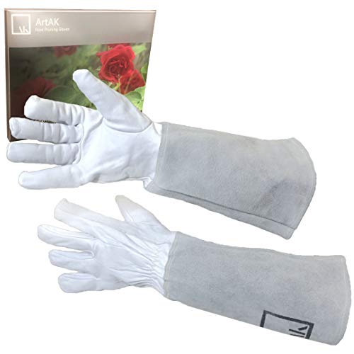 ArtAK Rose Pruning Gloves - Long Leather Gauntlet Gardening Gloves for Women, Cut Proof and Thorn Proof for Rose Gardening - White M - size: Medium White