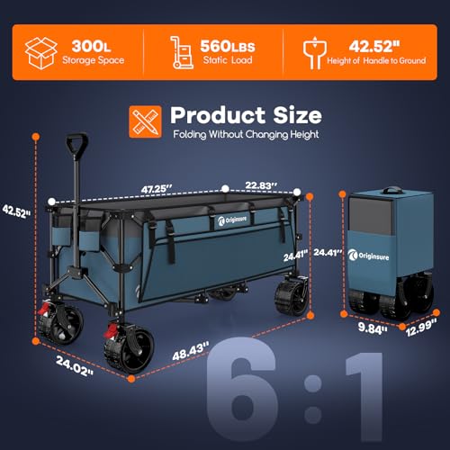 Originsure 300L Foldable Beach Wagon Cart with Big Wheels,560lbs,Grey&Blue - color: Blue&grey