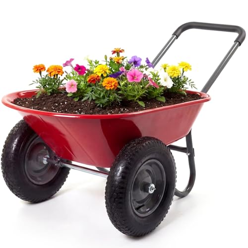 Two Wheel Plastic Tub Wheelbarrow, Heavy Duty Garden Utility Cart for Outdoor Lawn Work, Red - style: Traditional
