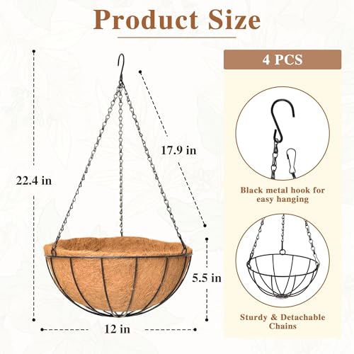 4 Pack Hanging Planter for Outdoor Plants 12 inch Metal Hanging Flower Basket with Coco Coir Liner Round Wire Plant Holder Chain Flower Pots Outdoor Garden Decoration Watering Hanging Baskets(XG) - size: 12" x 4 Pack, style: Watermelon
