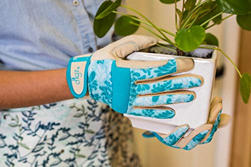 Digz Gardening Gloves, Garden Gloves for Women - color: Blue Leaves Pattern, size: Medium