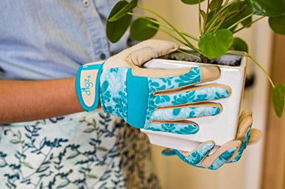 Digz Gardening Gloves, Garden Gloves for Women - color: Blue Leaves Pattern, size: Medium