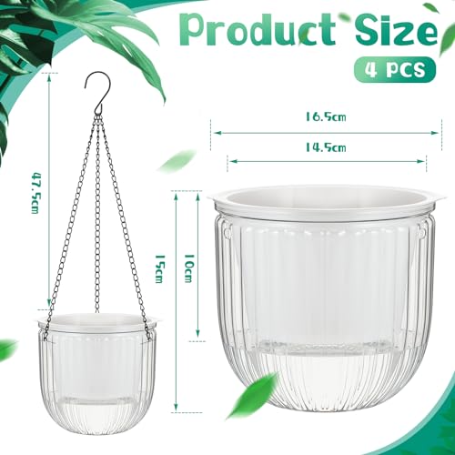 Meanplan 4 Pcs Self Watering Hanging Planter Indoor 6.5 Inch Hanging Baskets for Plants Outdoor Plastic Flower Pot with 3 Hooks Chains Drainage Holes for Garden Home, Medium Size(Clear) - color: Clear