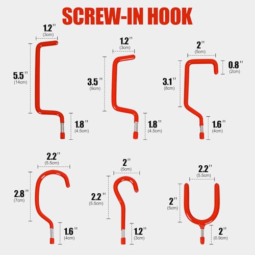 Garage Hooks Heavy Duty, 12-Pack Mixed Utility Garage Hooks, Wall Mounted Steel Tool Hangers for Garage Wall Organizer, Hold Ladders Tools Bikes (Red, 6 Type & 12 Pack) - color: Red, size: 6 Type & 12 Pack