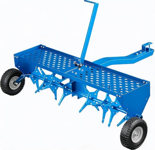 Garvee 48-Inch Tow Behind Plug Aerator,Pull Behind Aerator with Durable Steel Tines Lawn & Tray and Pneumatic Tires Tow Behind Spike Aerator for Lawn, Farm,Planting - color: Blue, size: 48in
