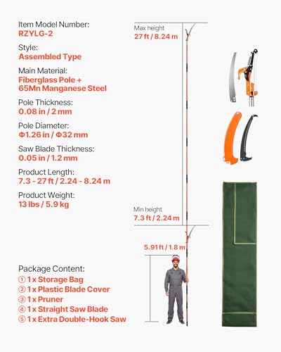 VEVOR Manual Pole Saw, 7.3-27 ft Extendable Tree Pruner, Sharp Steel Blade and Scissors High Branches Trimming, Branch Trimmer with Lightweight 8 Fiberglass Handles, for Pruning Palms and Shrubs