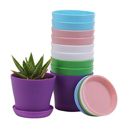 TDHDIKE 10 Pcs Plastic Planters Indoor Pots with Pallet - color: Pink / White / Purple / Blue / Green