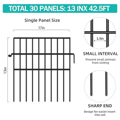 30 Panels Animal Barrier Fence, No Dig Fences, 13in(H) X 42.5ft(L) Garden Fence Animal Barrier for Rabbit and Dog Under Fencing Barrier, Rustproof Metal Fences Border for Outdoor, Yard, Patio - size: 30 Panels-42.5ft(L)x13in(H)