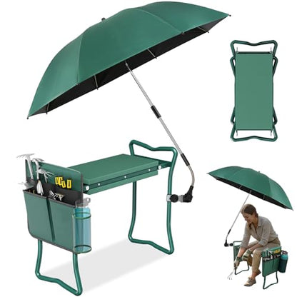 2-in-1 Garden Kneeler with Umbrella, Garden Kneeling Bench & Green Umbrella, Portable Garden Stool Loads Capacity 330lb and Garden Tools Bag with bottle holder, Gardening Gifts for Women,Men,Seniors - color: Green
