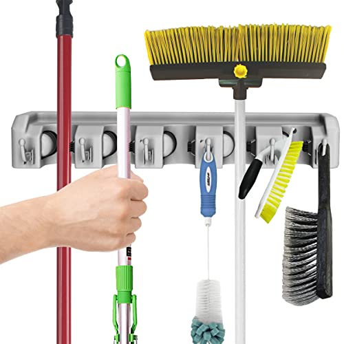 Garden Tool Organizer Wall Mount Broom and Mop Holder, 5 Adjustable Slots and 6 Hooks Utility Rack for Garage or Home Organization, 2-Pack by Stalwart - size: TWO PACK