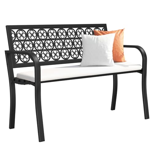 50" Outdoor Bench, Metal Weatherproof Garden Bench Cast Iron Heavy-Duty Patio Bench with Decorative Backrest for Proch Park 880lb Capacity - style: Clover-Black