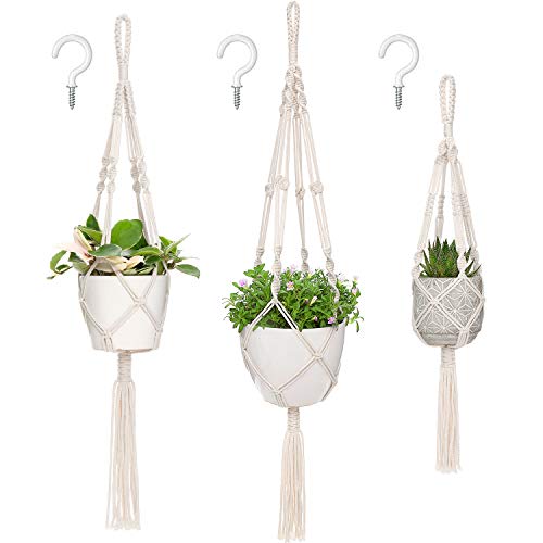 Mkono 3 Pack Macrame Plant Hanger, Hanging Planters for Indoor Plants Ivory - color: Ivory