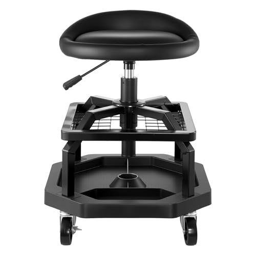 VEVOR Industrial Black Pneumatic Garage Seat/Work Stool with 300 lbs Capacity, Adjustable Height Roller Creeper Seat, 360 Swivel Padded Workshop Stool with Casters, for Garage, Shop & Auto Repair