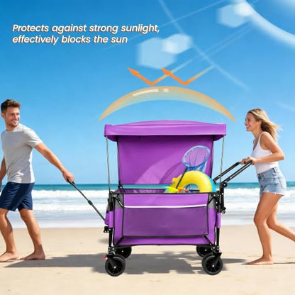 Folding Wagon Cart with Removable Canopy 480LBS Utility Cart on Wheels - color: Purple Canopy