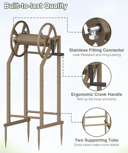 4-Spike Garden Hose Reel with 3.9ft Leader Hose & Stainless Fitting, Outdoor Hose Holder holds 125ft Hose of 5/8", Freestanding Metal Hose Stand for Outside Yard Lawn, Brown - color: Brown