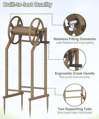 4-Spike Garden Hose Reel with 3.9ft Leader Hose & Stainless Fitting, Outdoor Hose Holder holds 125ft Hose of 5/8", Freestanding Metal Hose Stand for Outside Yard Lawn, Brown - color: Brown