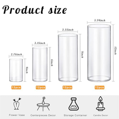 64 Pack Thick Glass Cylinder Vases 4,6,9,12 Inch Tall Clear Flower Vase Hurricane Floating Candle Holder for Table Centerpiece Wedding Home Decor - size: 64 Pack(4,6,9,12)