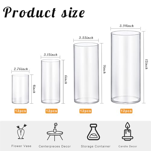 64 Pack Thick Glass Cylinder Vases 4,6,9,12 Inch Tall Clear Flower Vase Hurricane Floating Candle Holder for Table Centerpiece Wedding Home Decor - size: 64 Pack(4,6,9,12)