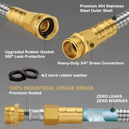 Stainless Steel Garden Hose: 50FT 3/4" Male to Female Brass Fittings - Heavy Duty Metal Water Hose for Yard Lawn Garden Patio - size: 50FT