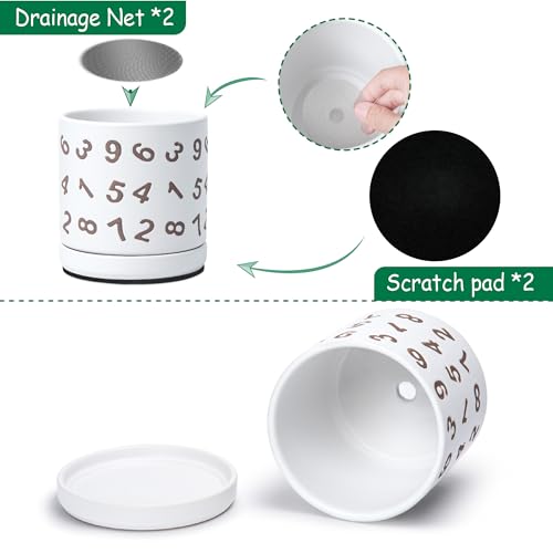 D'vine Dev Set of 2 Ceramic Planter Pots with Drainage Hole and Saucer, 6 Inch Plant Pots for Plants Indoor Houseplants, White, 99-Z-B-1-Y - size: 6", style: Numbers White