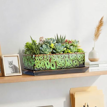 Succulent Pots - Long Rectangle Succulent Planters with Drainage Tray - color: Green