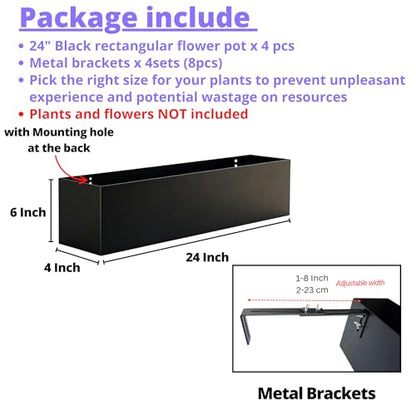 LaLaGreen Railing Planter Box (24 Inch, 4 Pack) Black Metal Rectangular Hanging Flower Boxes with Brackets, Deck Railings Planters for Outdoor Plants Fence Over Rail Balcony Patio Porch Stylish Garden - size: 24" x 4 Pack