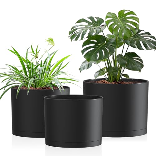 10/9/8 Inch Plant Pots 3 Pack, with Drainage Hole & Saucers - color: Matte Black