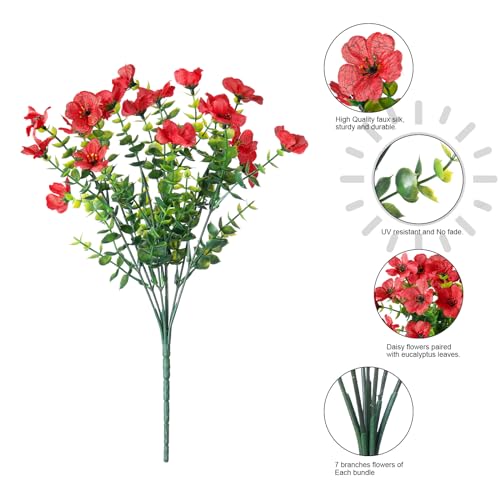 Daisy Artificial Flowers for Outdoors Decor, 12 Bundles Faux Daisy with Eucalyptus Fake Plants Greenery UV Resistant Look Real Colorful Faux Flowers for Outside Planter Porch Patio Yard Gardens, Red - color: Red